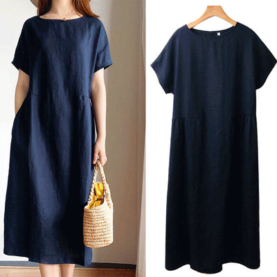 Summer Dress | Short Sleeve | Loose Fit | Midi Dress | Linen Dress-Grace Aura