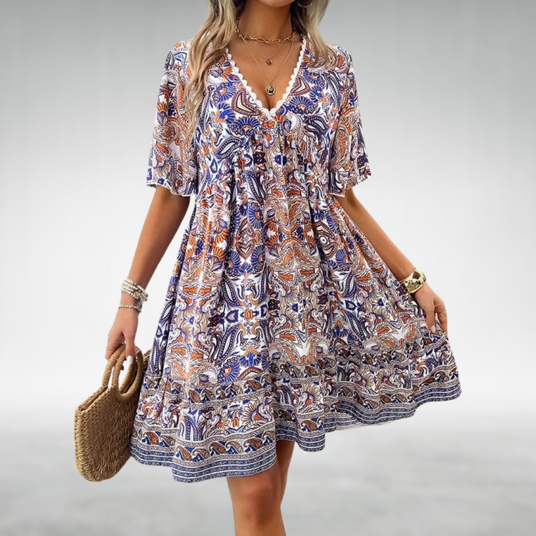 Summer Dress | Short Sleeve | V-Neck | A-Line Dress | Boho Dress-Grace Aura