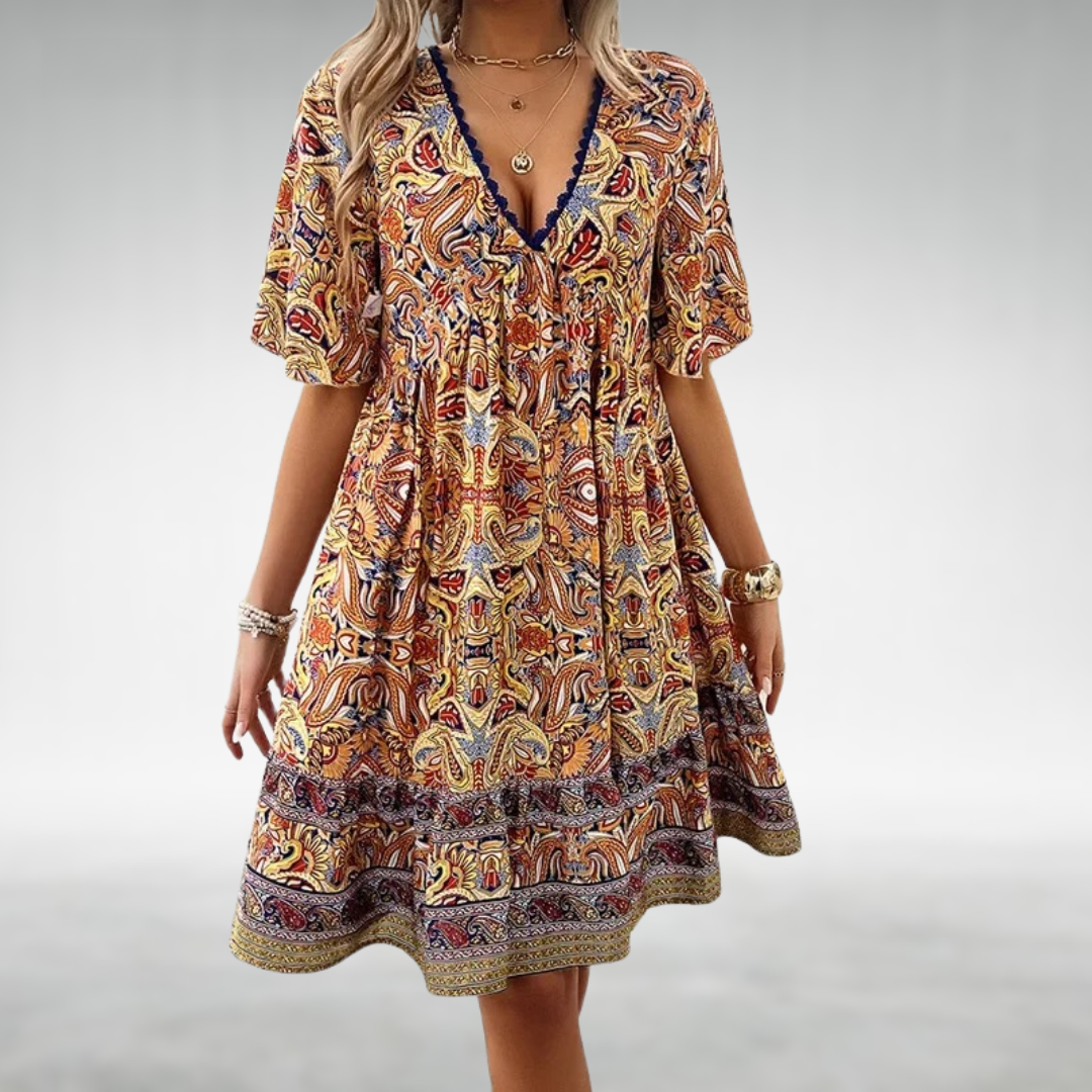 Summer Dress | Short Sleeve | V-Neck | A-Line Dress | Boho Dress-Grace Aura