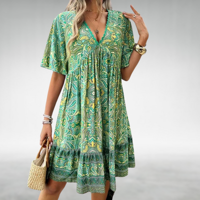 Summer Dress | Short Sleeve | V-Neck | A-Line Dress | Boho Dress-Grace Aura