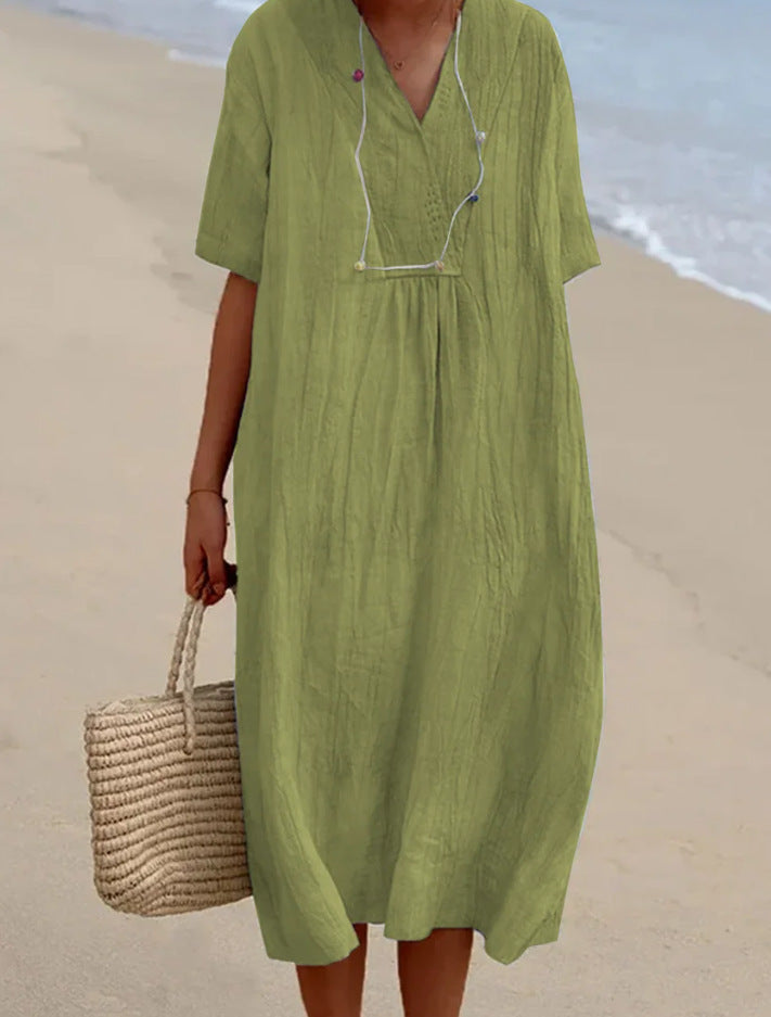 Summer Dress - Women's Loose Fit Short Sleeve Midi Linen Dress-Grace Aura