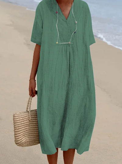 Summer Dress - Women's Loose Fit Short Sleeve Midi Linen Dress-Grace Aura