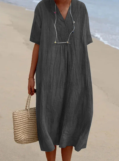 Summer Dress - Women's Loose Fit Short Sleeve Midi Linen Dress-Grace Aura