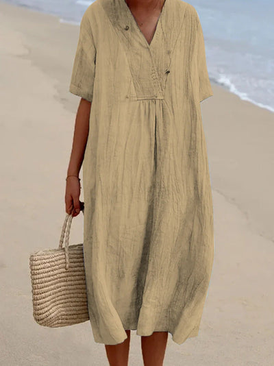 Summer Dress - Women's Loose Fit Short Sleeve Midi Linen Dress-Grace Aura