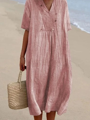 Summer Dress - Women's Loose Fit Short Sleeve Midi Linen Dress-Grace Aura