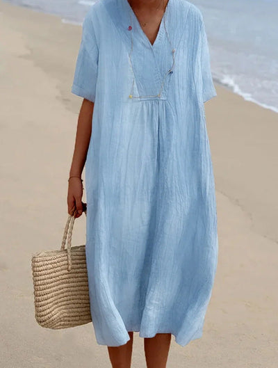 Summer Dress - Women's Loose Fit Short Sleeve Midi Linen Dress-Grace Aura