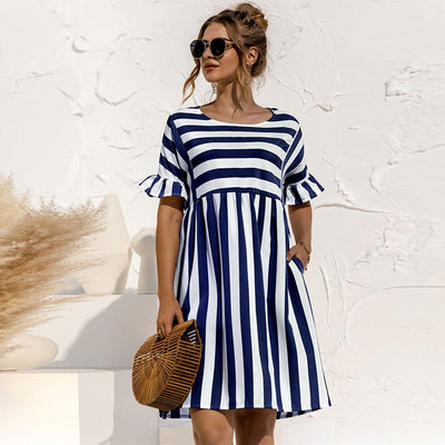 Summer Dress - Women's Short Sleeve Knee Length Striped Sundress-Grace Aura