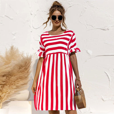 Summer Dress - Women's Short Sleeve Knee Length Striped Sundress-Grace Aura