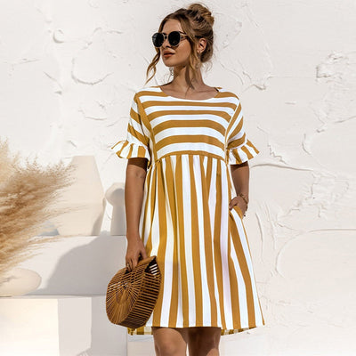 Summer Dress - Women's Short Sleeve Knee Length Striped Sundress-Grace Aura