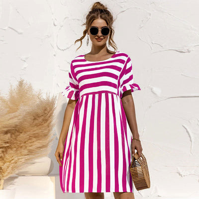 Summer Dress - Women's Short Sleeve Knee Length Striped Sundress-Grace Aura