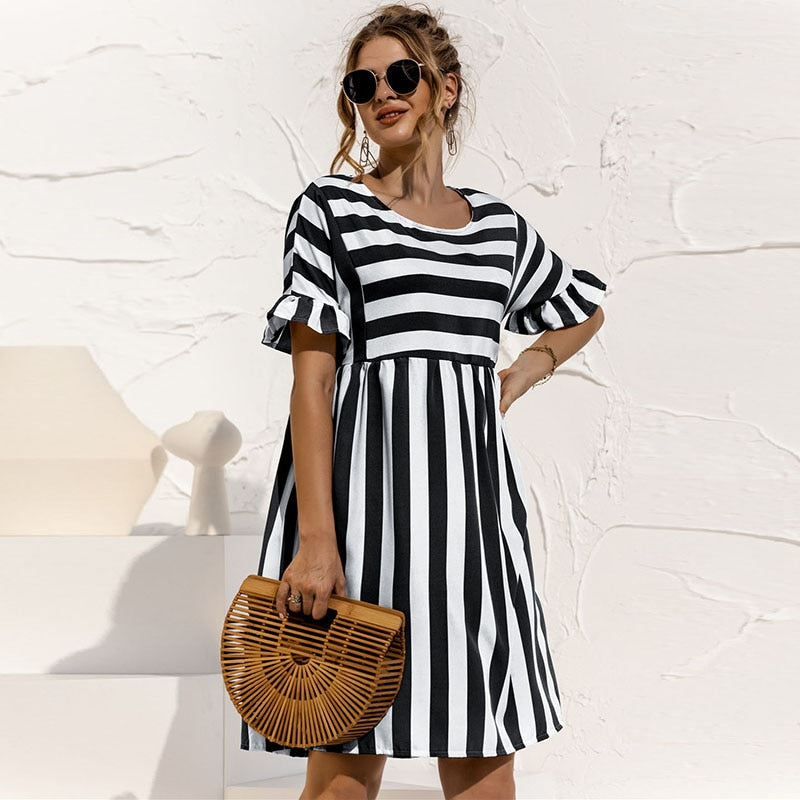 Summer Dress - Women's Short Sleeve Knee Length Striped Sundress-Grace Aura