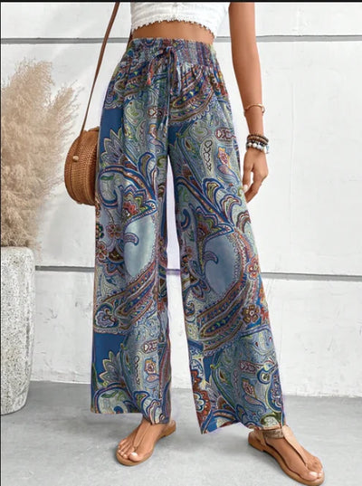 Summer Pants | Paisley Print | High Waist | Boho Pants | Wide Leg Pants-Grace Aura