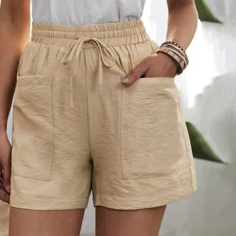 Summer Shorts - Women's Drawstring High Waisted Linen Shorts-Grace Aura