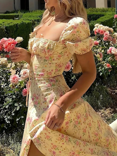 Sundress - Floral - Puff Sleeve - Summer Dress - Maxi Dress-Grace Aura