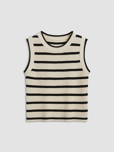 Sweater Vest - Knitted - Striped - Jumper Sleeveless - Women's Knitwear-Grace Aura