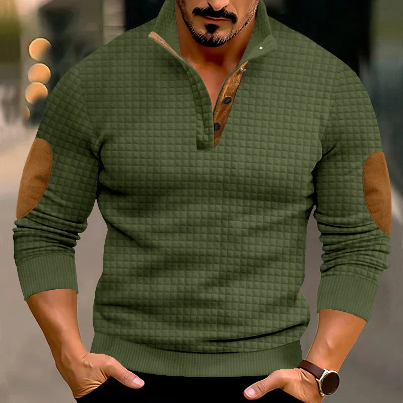 Sweatshirt - Men's Warm Waffle Pullover Sweater with Elbow Patches-Grace Aura