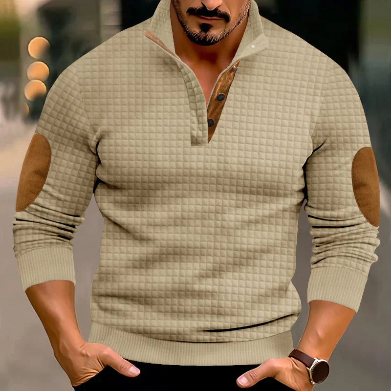 Sweatshirt - Men's Warm Waffle Pullover Sweater with Elbow Patches-Grace Aura