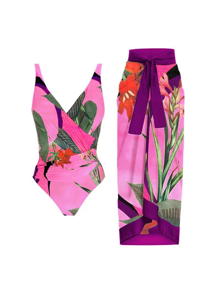Swimsuit and Cover-Up Set | One Shoulder | Cover-Up Skirt | Bathing Suit | Women's Beachwear-Grace Aura