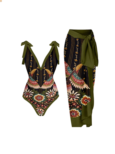 Swimsuit and Cover-Up Set | One Shoulder | Cover-Up Skirt | Bathing Suit | Women's Beachwear-Grace Aura