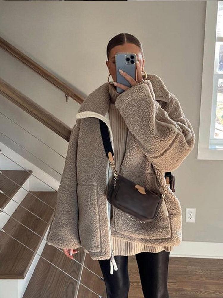 Teddy Fleece Jacket - Women's Oversized Zip-Up Sherpa Winter Jacket-Grace Aura