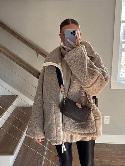 Teddy Fleece Jacket - Women's Oversized Zip-Up Sherpa Winter Jacket-Grace Aura