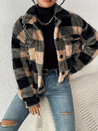 Teddy Jacket - Short - Plaid - Fleece Jacket - Women's Jackets-Grace Aura