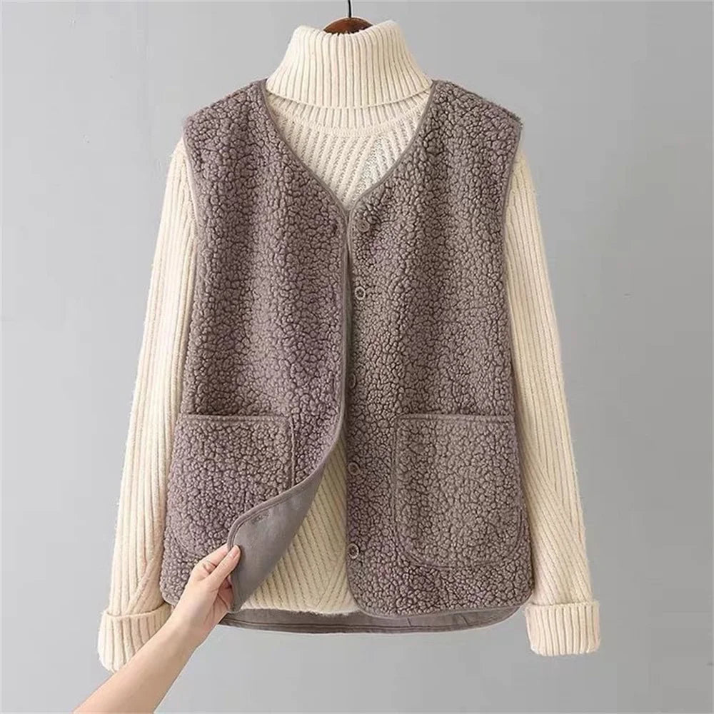 Teddy Vest - Loose Fit - Fleece - Cardigan Vest - Women's Vest-Grace Aura