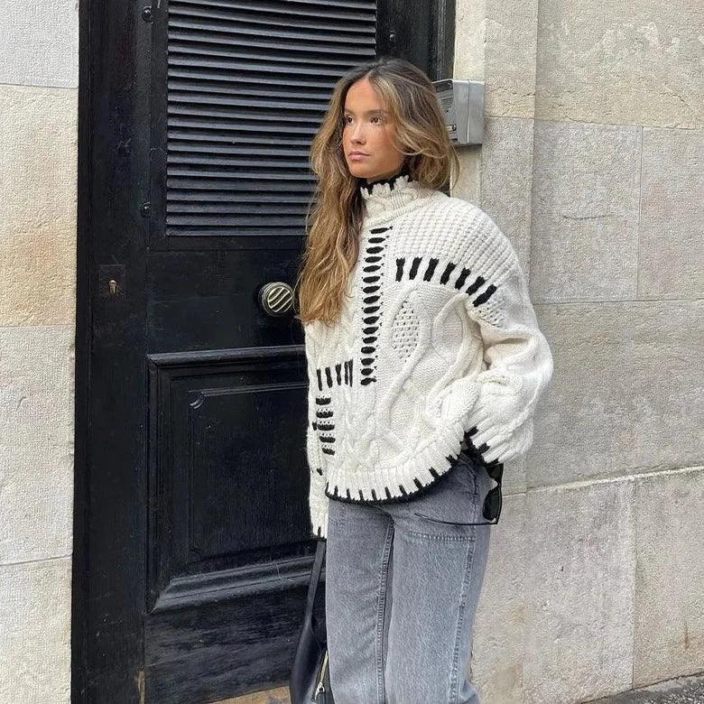 Turtleneck Sweater | White | Knitted | Oversized Jumper | Women's Knitwear-Grace Aura