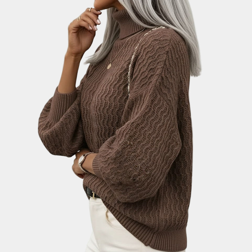 Turtleneck Sweater - Women's Balloon Sleeve Roll Neck Knitted Jumper-Grace Aura