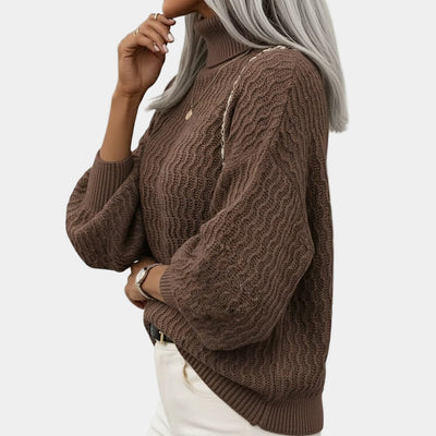 Turtleneck Sweater - Women's Balloon Sleeve Roll Neck Knitted Jumper-Grace Aura