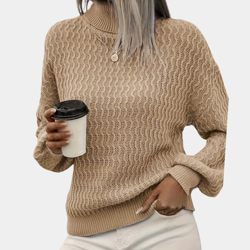 Turtleneck Sweater - Women's Balloon Sleeve Roll Neck Knitted Jumper-Grace Aura