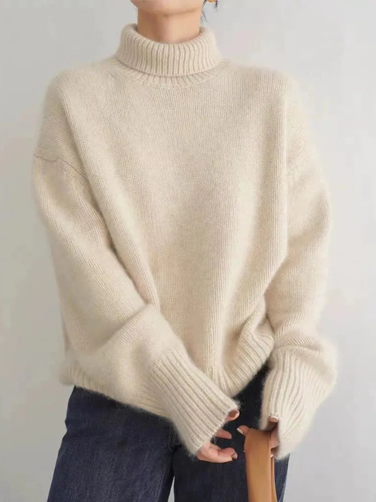 Turtleneck Sweater - Women's Relaxed Fit Knitted Roll Neck Jumper-Grace Aura