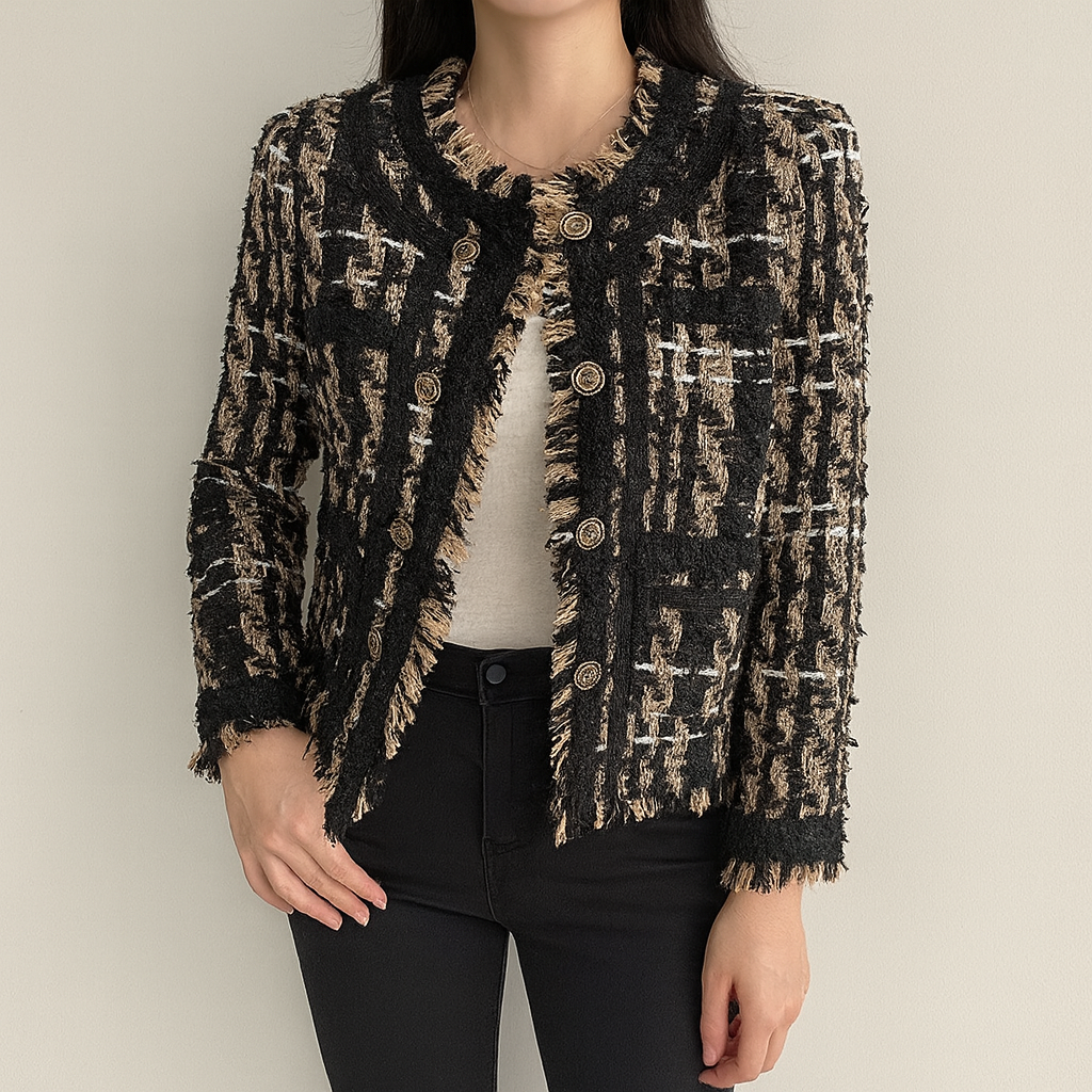 Tweed Jacket - Women's Casual Black and Brown Blazer Jacket-Grace Aura
