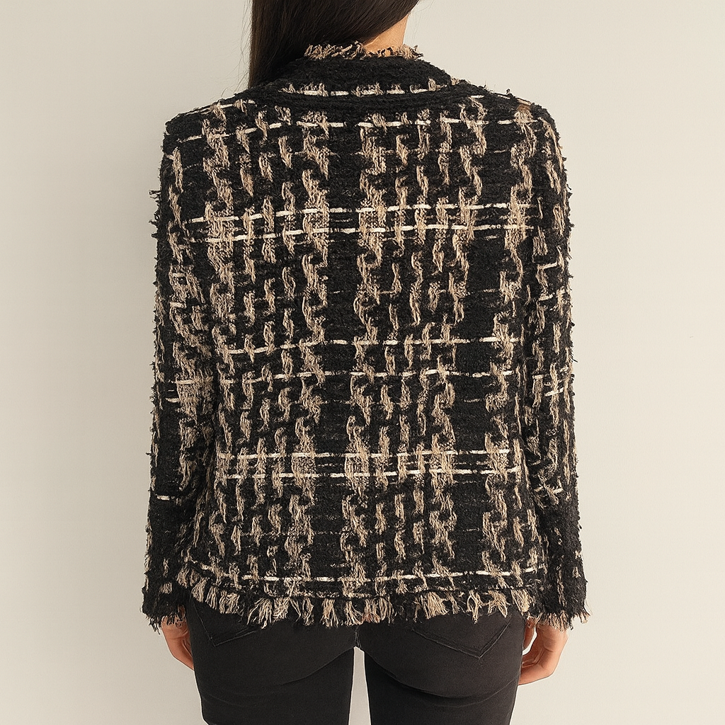 Tweed Jacket - Women's Casual Black and Brown Blazer Jacket-Grace Aura