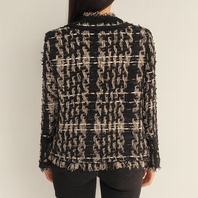 Tweed Jacket - Women's Casual Black and Brown Blazer Jacket-Grace Aura