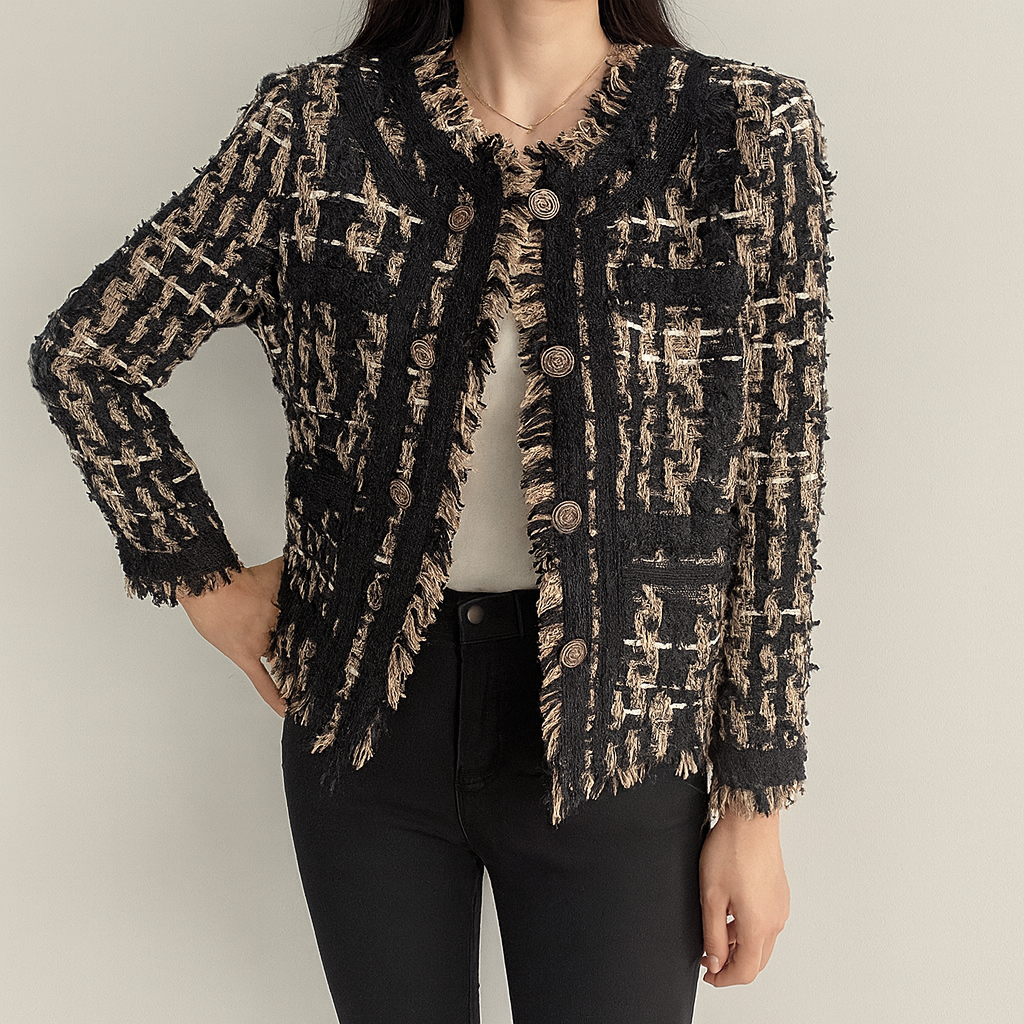 Tweed Jacket - Women's Casual Black and Brown Blazer Jacket-Grace Aura