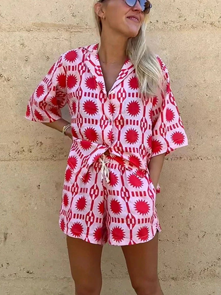 Two-Piece Set | Summer | Loose Fit | Shorts and Shirt Set | Co-Ord Sets Women-Grace Aura