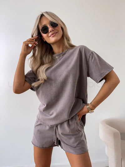 Two-Piece Set - Women's Oversized T-Shirt and Mini Shorts Set-Grace Aura