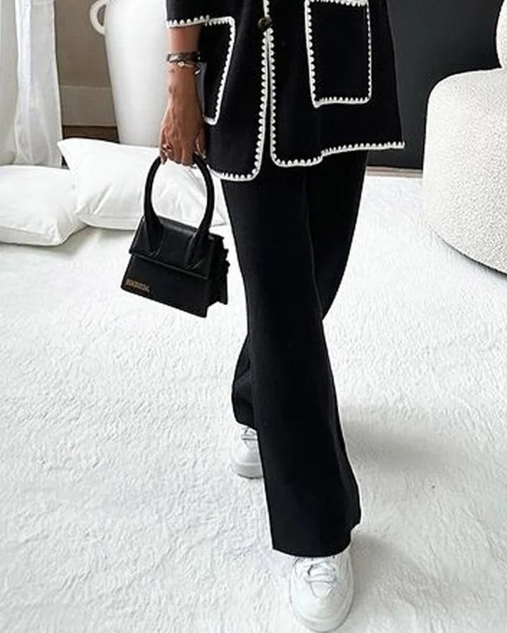 Two-piece set with edged jacket and loose pants-Grace Aura