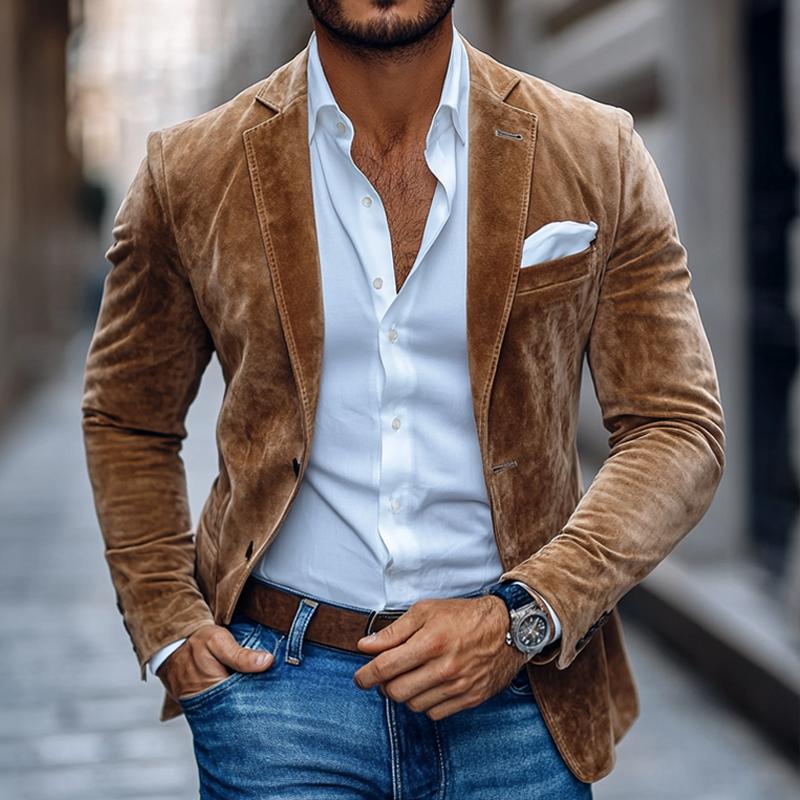 Velvet Blazer - Men's Tailored Single Breasted Brown Blazer Jacket-Grace Aura