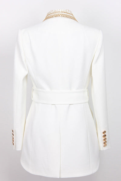 White Blazer - Double Breasted - Golden Details - Belted Blazer - Women's Clothing-Grace Aura