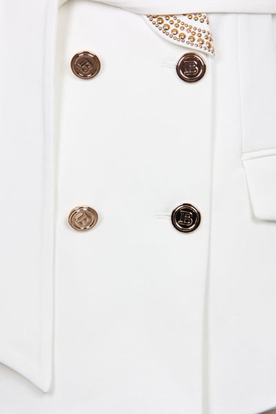 White Blazer - Double Breasted - Golden Details - Belted Blazer - Women's Clothing-Grace Aura