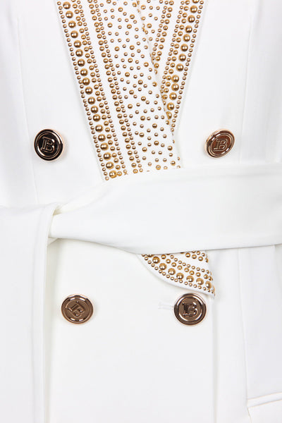 White Blazer - Double Breasted - Golden Details - Belted Blazer - Women's Clothing-Grace Aura