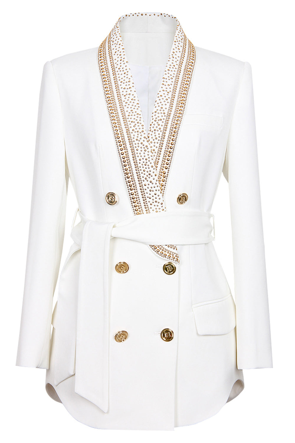 White Blazer - Double Breasted - Golden Details - Belted Blazer - Women's Clothing-Grace Aura