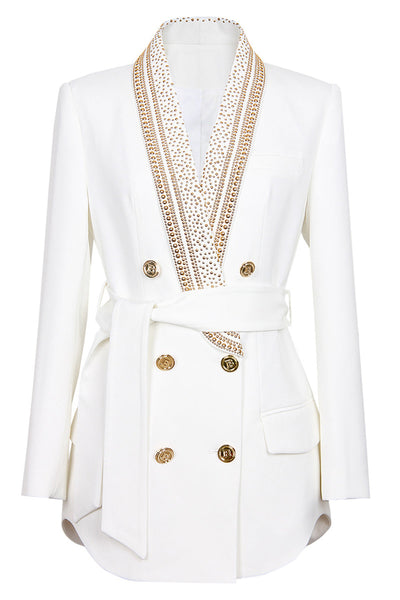 White Blazer - Double Breasted - Golden Details - Belted Blazer - Women's Clothing-Grace Aura