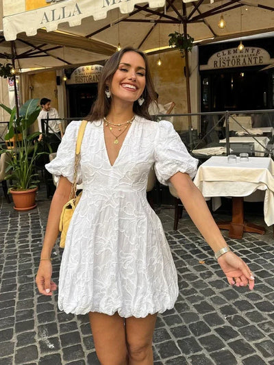 White Dress - Puff Sleeve - V-Neck - Mini Dress - Summer Dress-Grace Aura