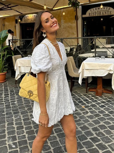 White Dress - Puff Sleeve - V-Neck - Mini Dress - Summer Dress-Grace Aura