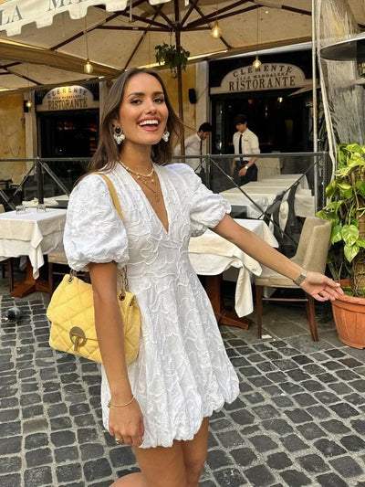 White Dress - Puff Sleeve - V-Neck - Mini Dress - Summer Dress-Grace Aura