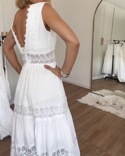 White Lace Dress | V-Neck | Flowy | Maxi Dress | Summer Dress-Grace Aura