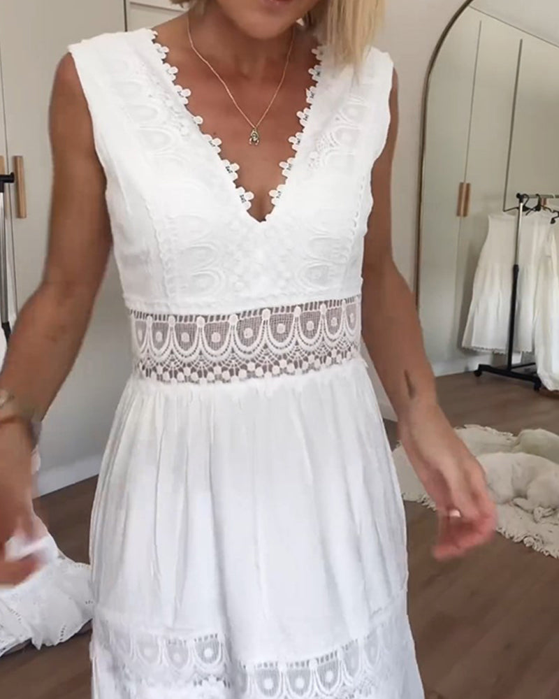 White Lace Dress | V-Neck | Flowy | Maxi Dress | Summer Dress-Grace Aura